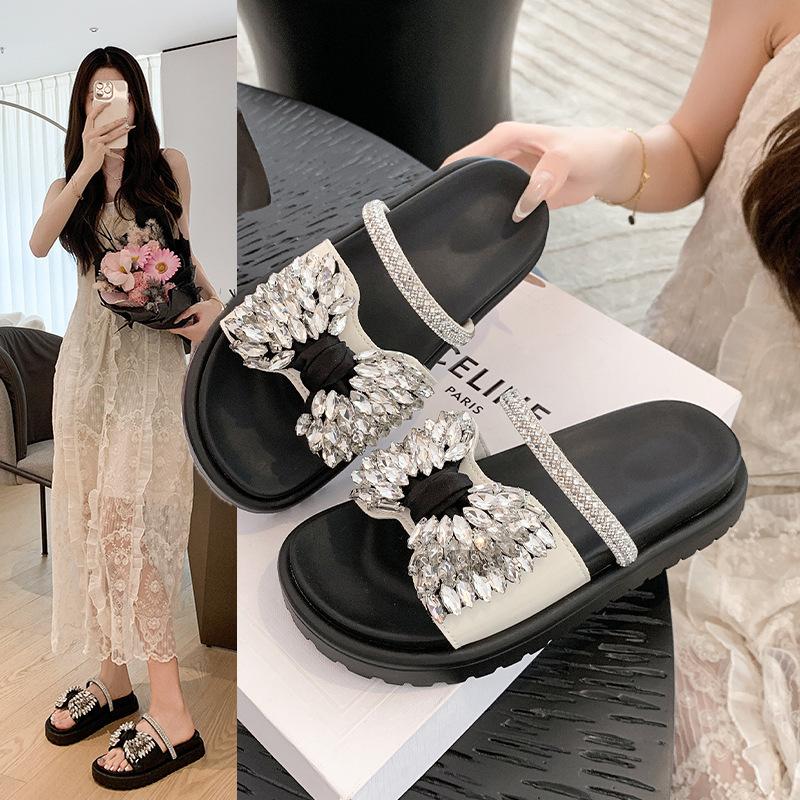 2025 Women's Summer Wear Cool Slippers with a Hundred Matching Thick-bottomed Rhinestone Bow Skirt Summer New French Flat-bottomed Drag