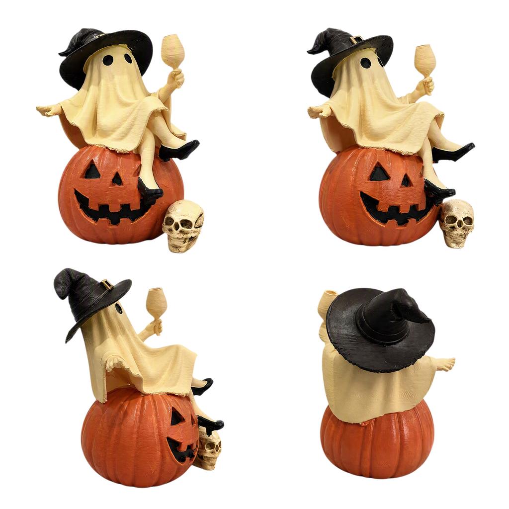 Spooky Witch Figurine Sitting On Pumpkin with Wine Glass and Skull Details for Home Party Decor Gift & Home