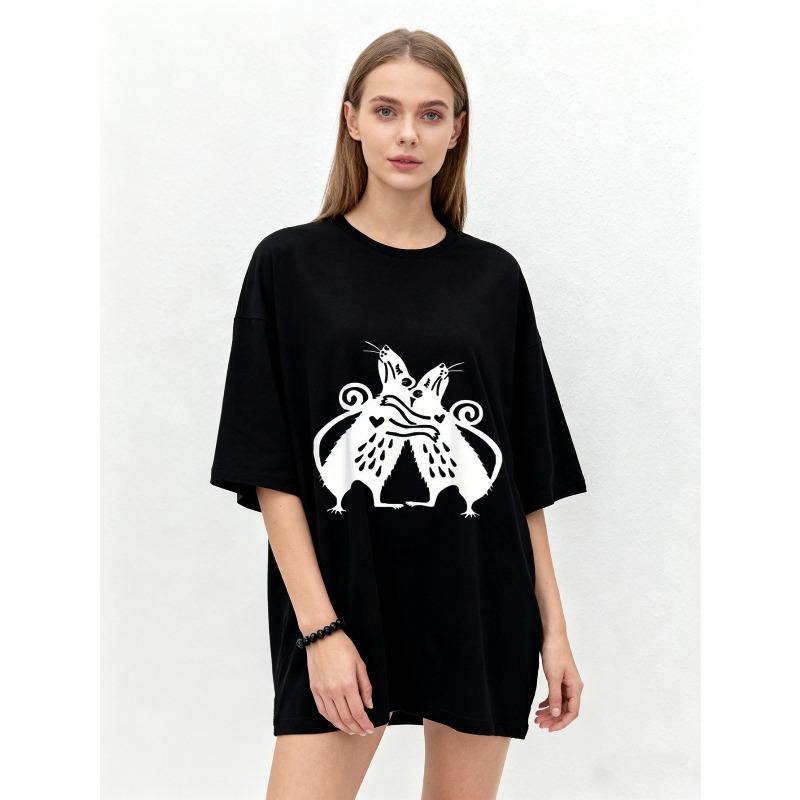 Oversized T Shirt Black Rat Couple Print Graphic Tee Casual Streetwear Fashion Top for Women