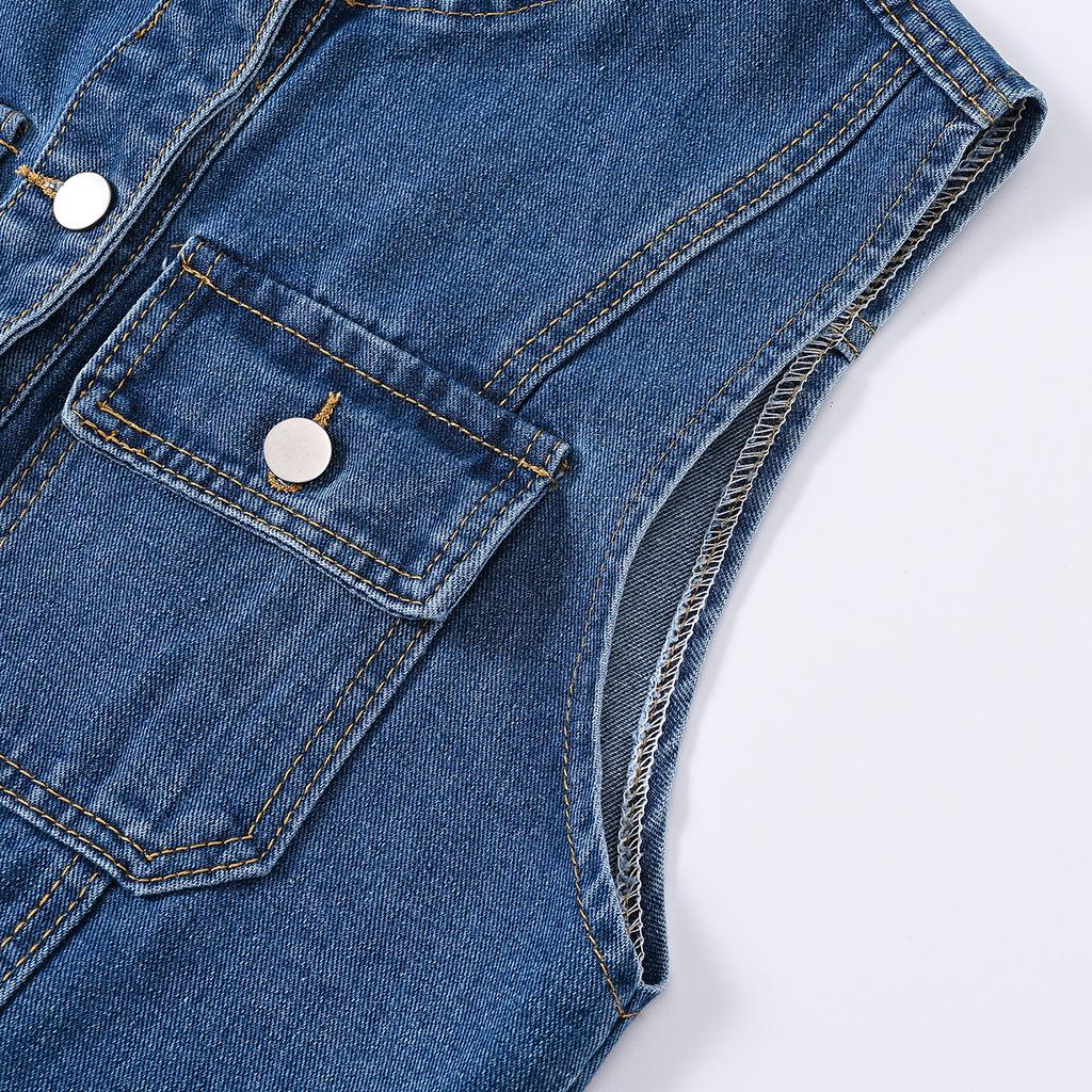 Round-neck Casual Women's Denim Vest Top with No Sleeves and Short Style, Casual Retro Fitted and Stylish Blazer