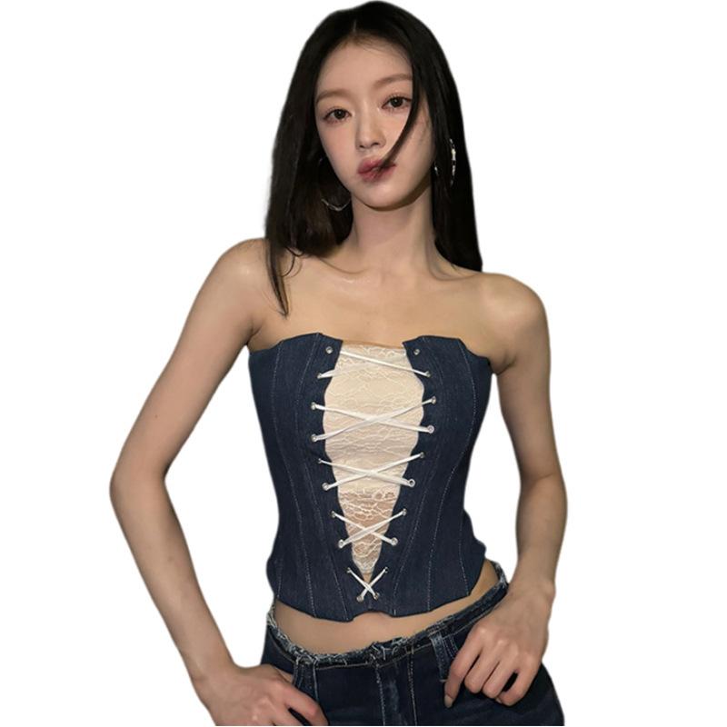 European and American style autumn new women's clothing fashion lace cross strap design slim denim small vest