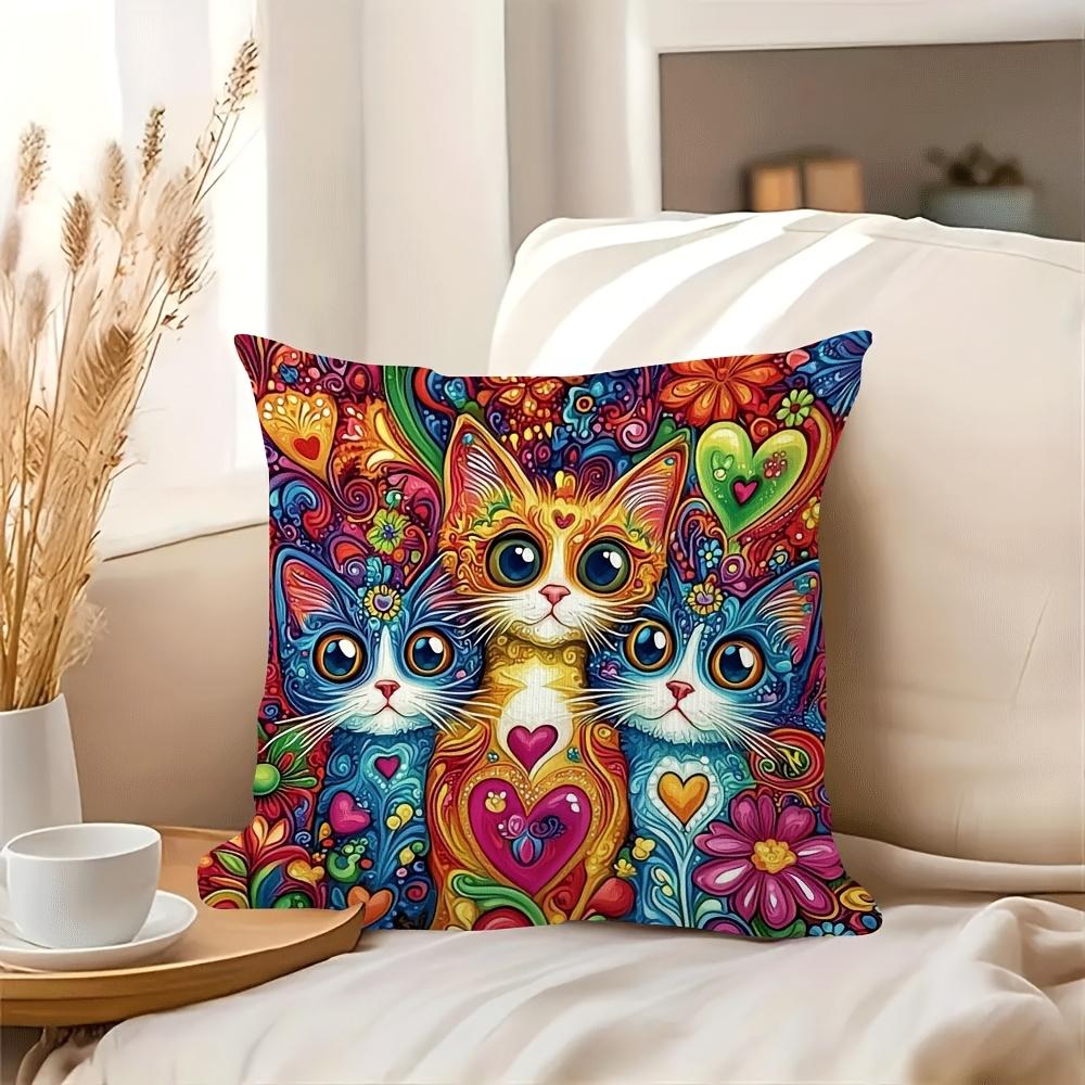 Colorful Abstract Cat Pillowcase, Trippy Psychedelic Art Cushion Cover, Rainbow Feline Decor for Living Room Bedroom Sofa