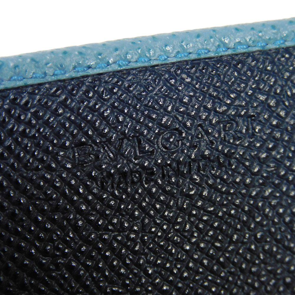 Used Bulgari Man Business Card Holder 7946 Navy Bi-Color Calfskin Bifold RFID Case (11679) Logo Metal Light Blue Men's