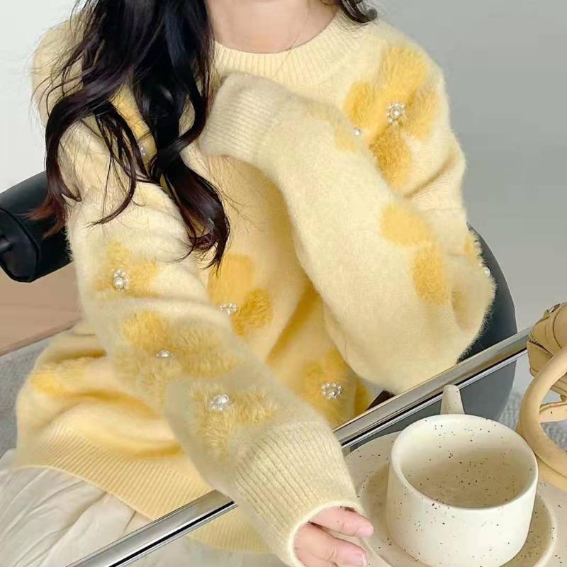 Milk Blue Soft Sweater Women's Fall and Winter Beaded Flowers Design Sense of Niche Fashion Foreign Sweet Comfortable and Versatile