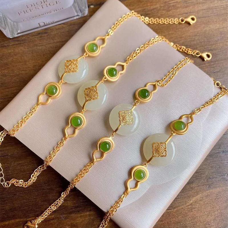 New Inlaid Natural Hetian Chalcedony Gourd Adjustable Bracelet Chinese Style Ancient Gold Craft Charm Female Jewelry
