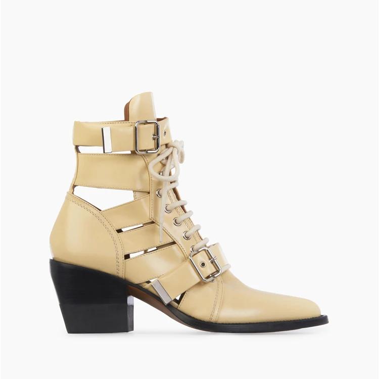 Fashion Brand Fashion Show Genuine Leather Hollow Out Women's Cool Boots Belt Buckle Pointed 6cm High Heels Fashion European American