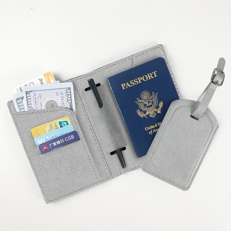 OEM multi-functional leather with pen plug-in cable pu leather cross pattern passport cover luggage tag custom set