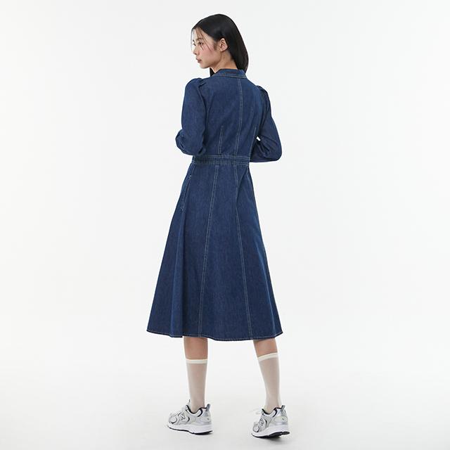LAP Open Collar Pocket Line Long Denim Dress Aq1Do261