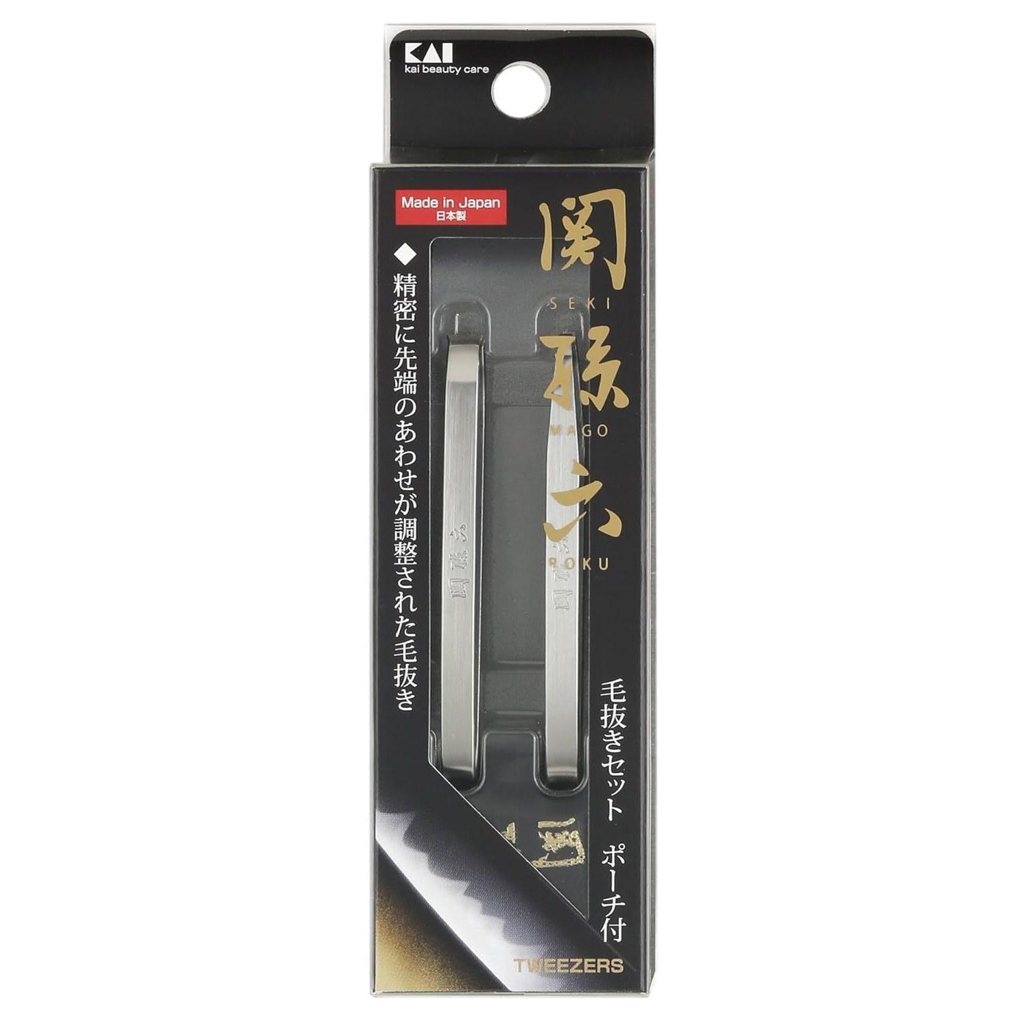 KAI Seki Magoroku Tweezers Set Flat Tip Pointed Includes Pouch 2 Pieces HC1834