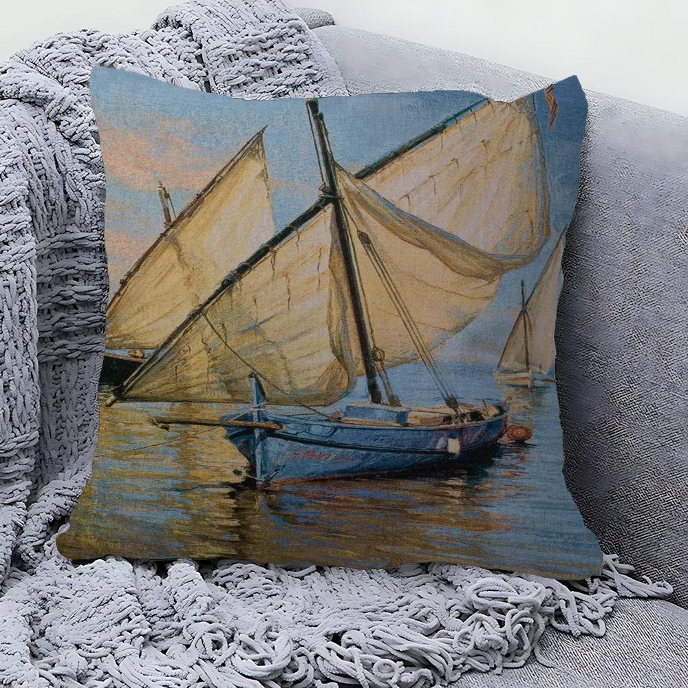 Boat Bay Beach Canvas Painting Pillow Gift Home Office Decoration Pillow Bedroom Sofa Car Cushion CoverPillow Case