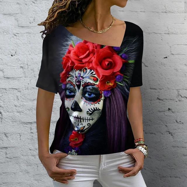 Summer V-neck 3D Skull Rose Print Top Fashionable Casual Short Sleeved Women's T-shirts