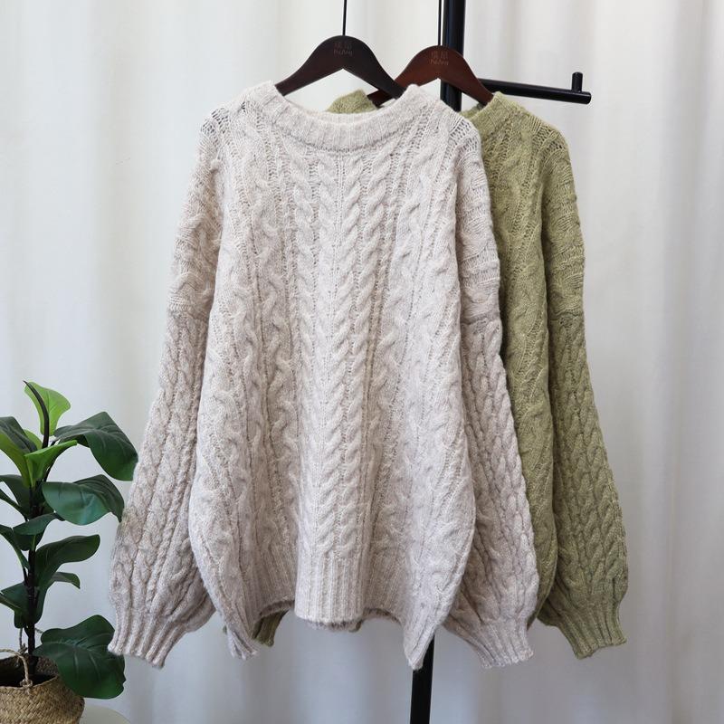 Knitted sweater top women's autumn and winter new loose soft waxy retro twist sweater pullover commuter style