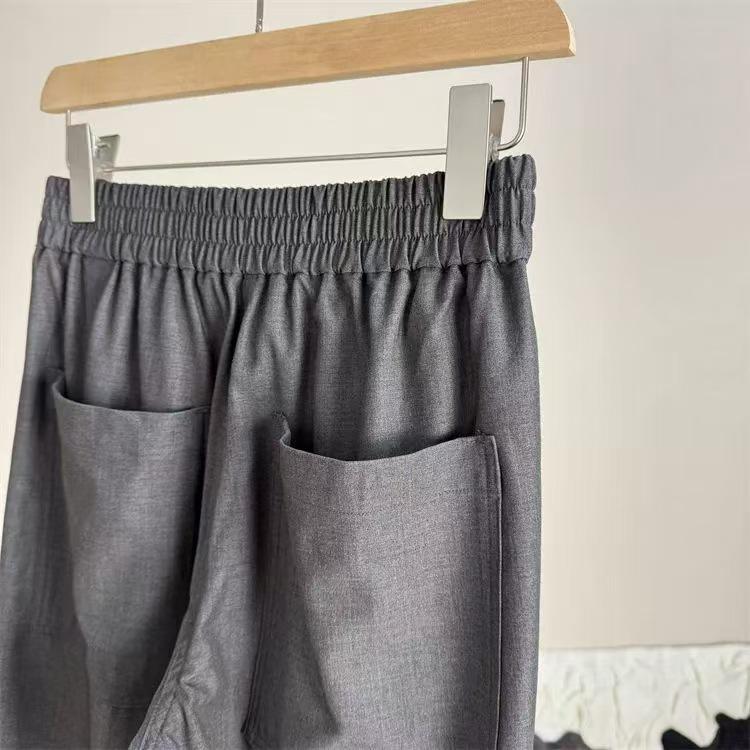 Versatile Grey Wool Blend Wide-Leg Pants with Elastic Waist
