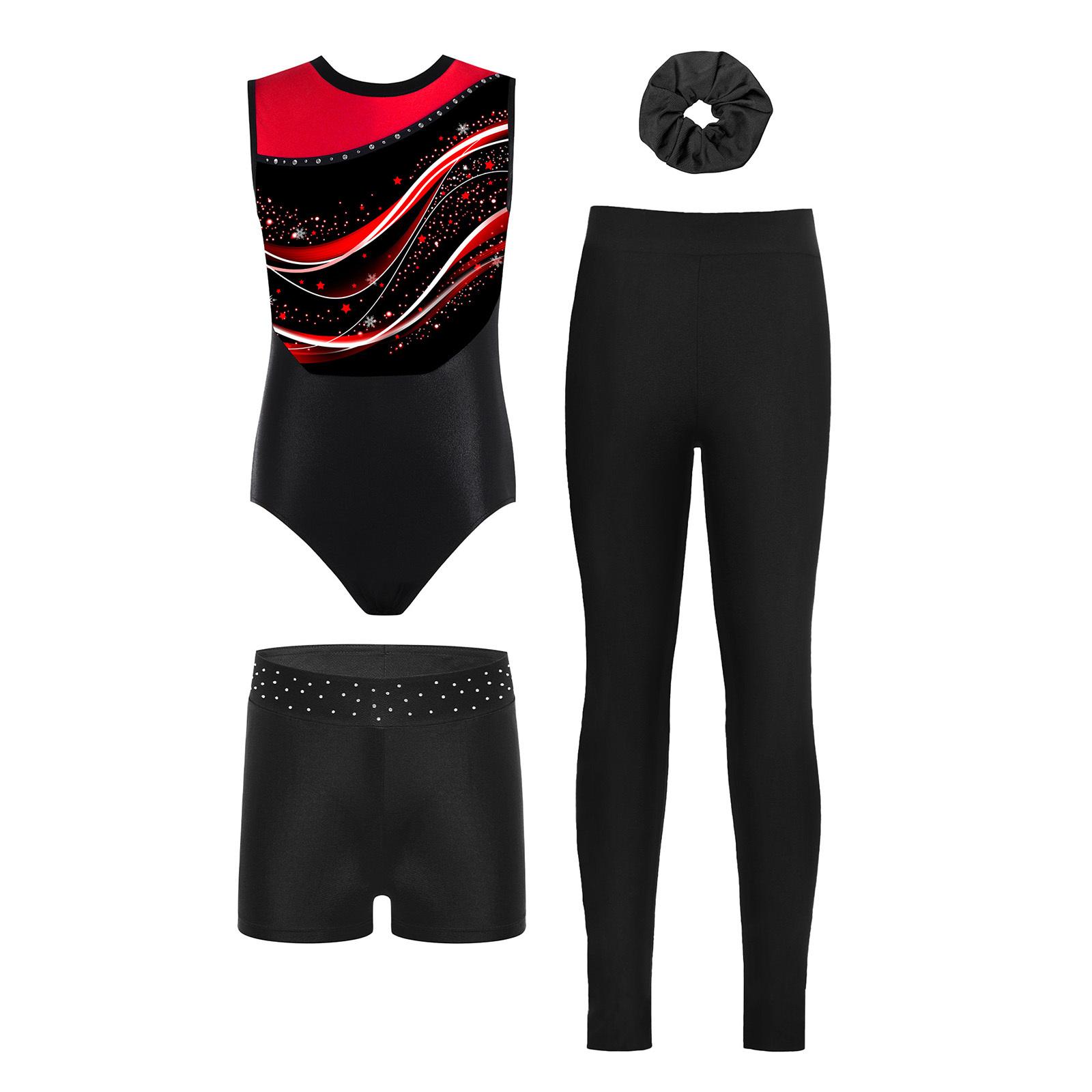 

Girls 4-Piece Leotard Set Sleeveless Color Block with Rhinestone Shorts Leggings Hairband 7-8 Years червоний