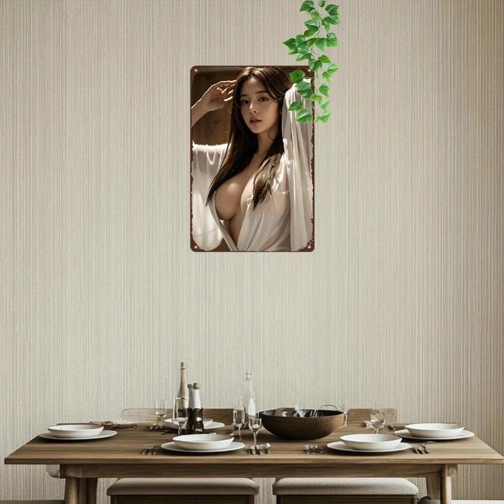 Anime Girl Metal Wall Art 8x12 Inch Retro White Lingerie Design Green Leaves Home Decor