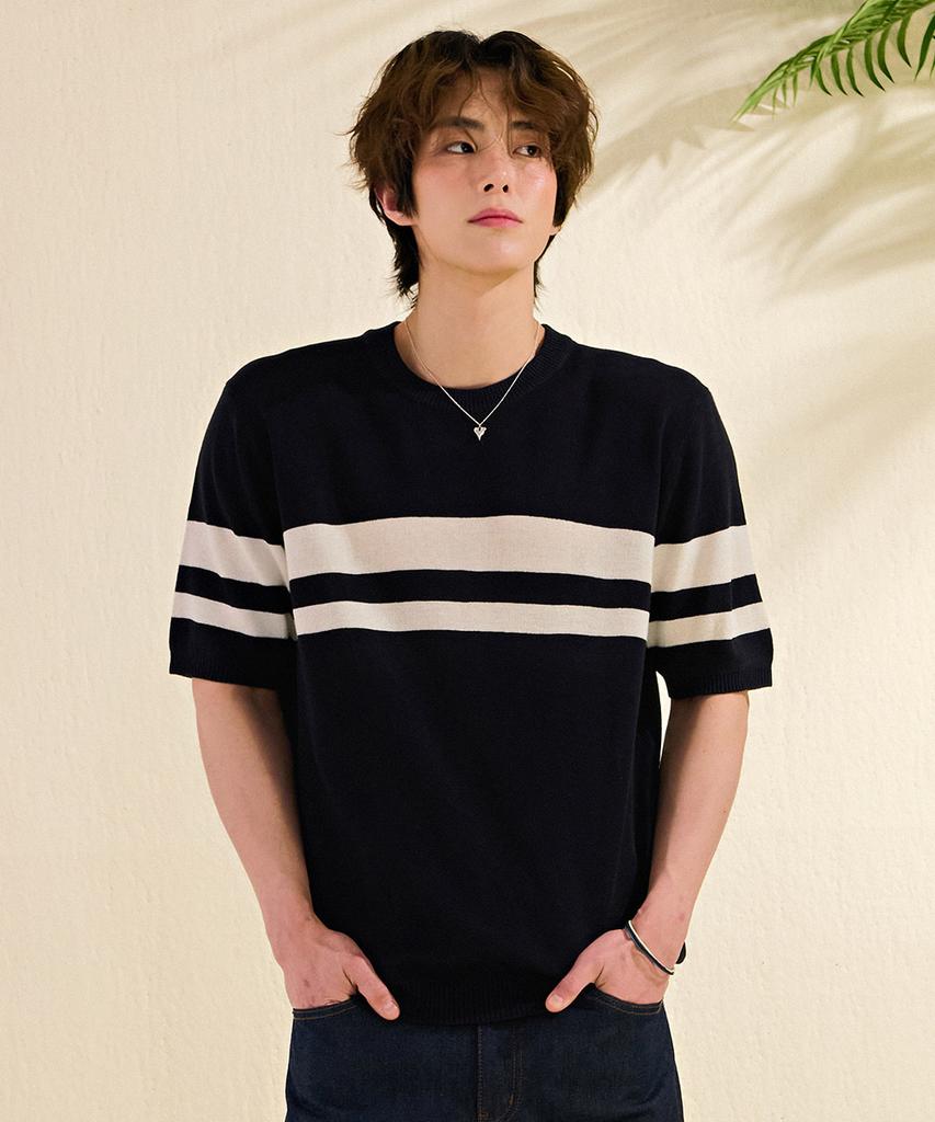 CHASECULT Men'S Cool Touch Block Round Neck Short Sleeve Sweater-Dbrk5613D04