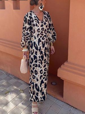Vintage Leopard Print V-neck Long Dresses Women Elegant Loose Long Sleeve Streetwear Dresses Female Chic Print Split Beach Dress