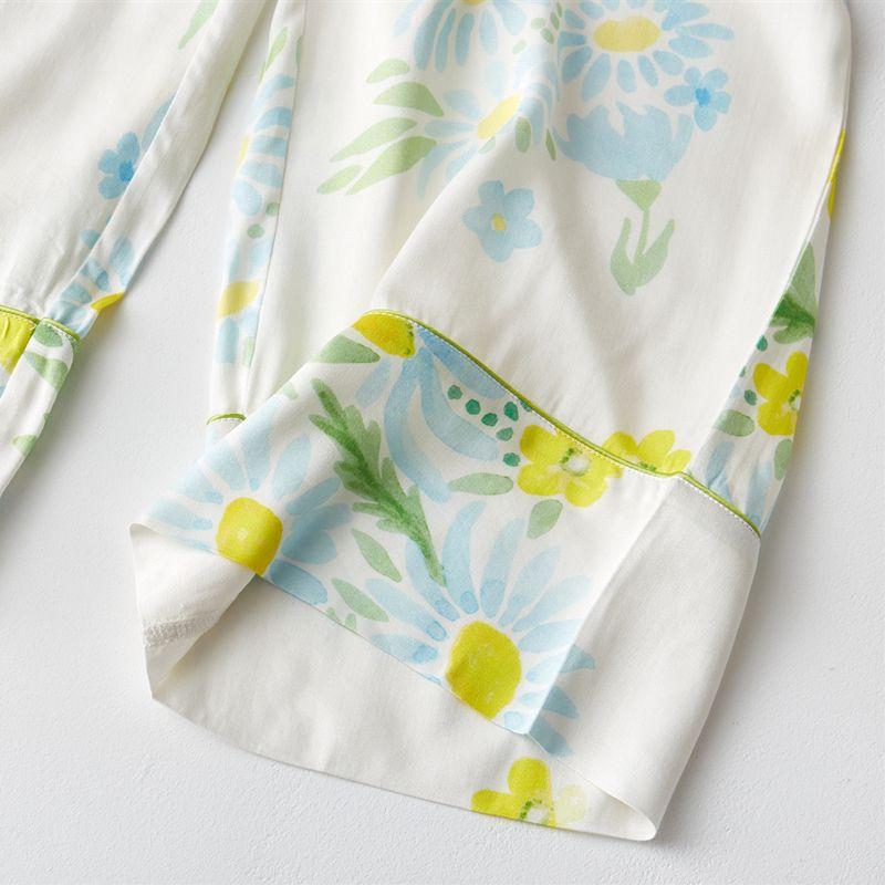 Fresh Sunflower Loose Rayon Satin Poplin Pajamas Women's Summer Cool Ice Silk Home Wear Suit Women