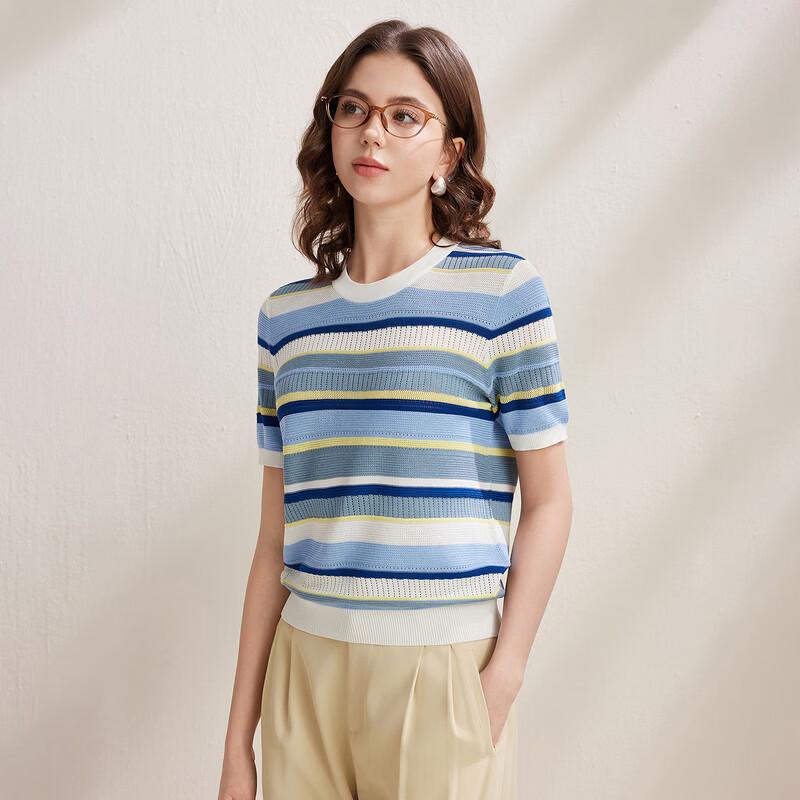 Zhaojun Women's Striped Mulberry Silk Blend Knit T-Shirt