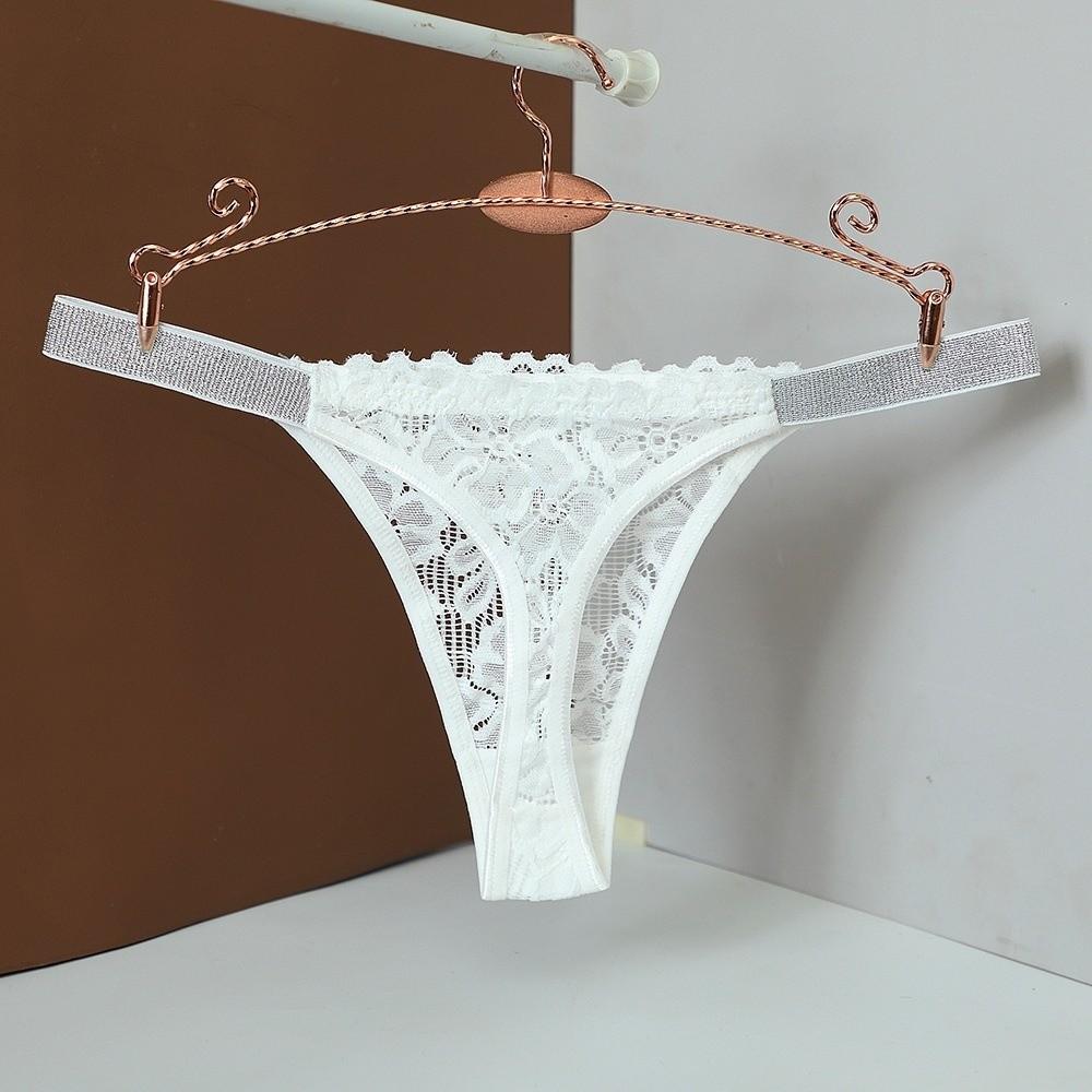 Transparent Lace Flower Panties Mid Waist Mesh Briefs Breathable Rhinestone Thong Ladies