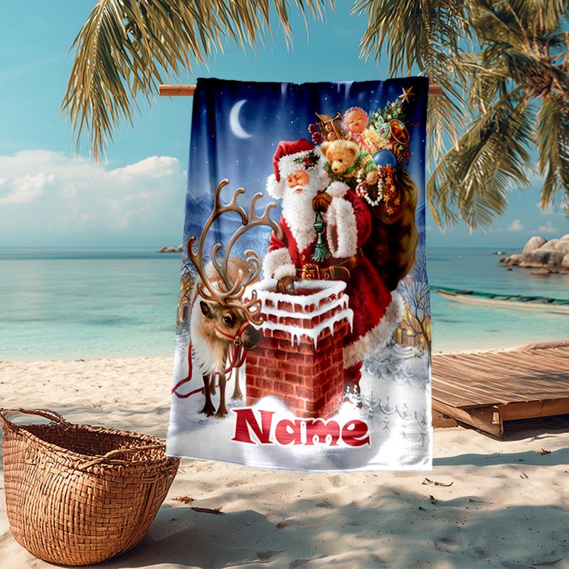 Custom Name Ultra-Soft Beach Towel with Christmas Santa Claus Theme,Ideal for Pool - Camping, Diving - Perfect Travel Essential, Vibrant Beach Towel.