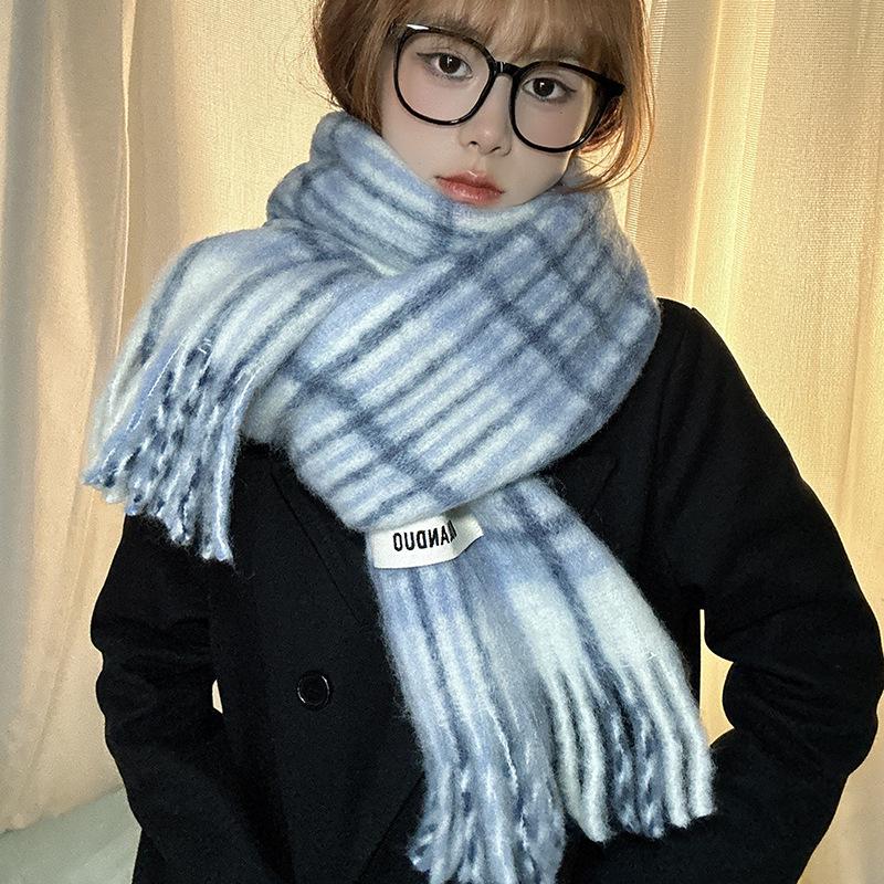 Luochi Wool Blend Korean-Style Blue  White Plaid Tassel Scarf - Unisex Winter Neck Warmer