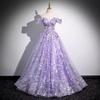 Elegant Off-the-Shoulder Purple Evening Dress with Puffy Skirt for Student Performances or Formal Events