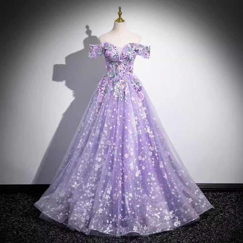 Elegant Off-the-Shoulder Purple Evening Dress with Puffy Skirt for Student Performances or Formal Events