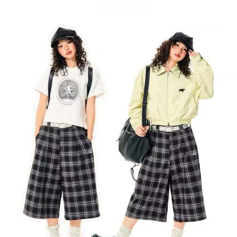 Vintage Kostkované Ležérní Kalhoty Volného Střihu Americký Styl Streetwear pro Muže Ženy Léto Trendy Všestranné Široké nohavice