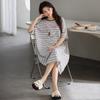 1011 New Nightdress with Chest Pad Women's Summer Pure Cotton Short-sleeved Thin Striped Medium and Long Pajamas Loungewear Skirt