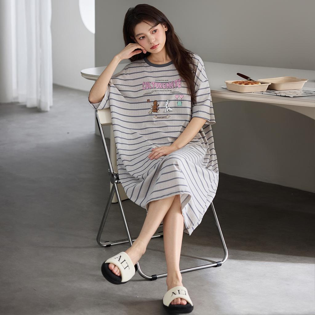 1011 New Nightdress with Chest Pad Women's Summer Pure Cotton Short-sleeved Thin Striped Medium and Long Pajamas Loungewear Skirt