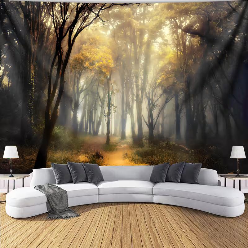 2D Magischer Waldteppich Dunkler Wald mit Goldenem Licht Wandbehang