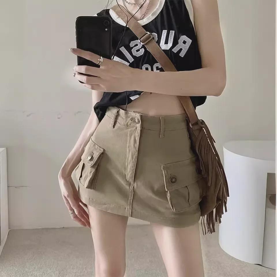 High-Waisted Khaki Denim Mini Skirt - Retro Style, Slim Fit, Summer Essential.