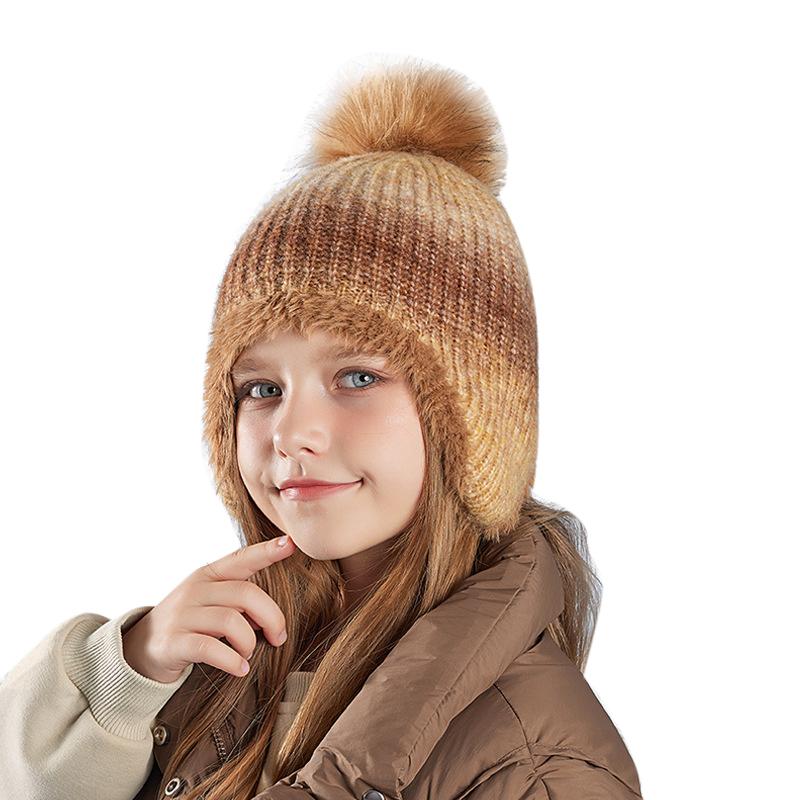 Korean Colorful Kids Hats Cute Fur Ball Knitted Hat Girl's Winter Ear Protection Caps Outdoor Plus Velvet Warm Hoods Accessories
