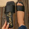 [Foreign Trade] 2025 Summer New Outer Wear Open-toed Black Flat-bottomed Slippers Pad with Letters Sandals Women