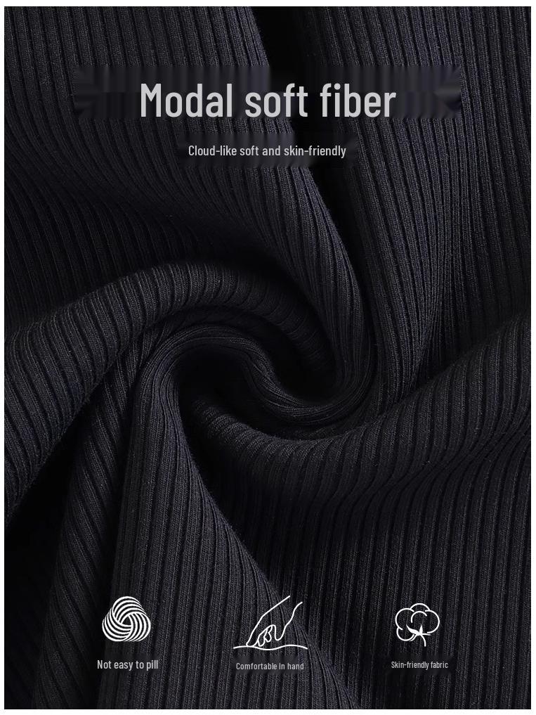 Women's Slim Fit Black Modal Long-Sleeve Mid-Neck Top for Autumn/Winter