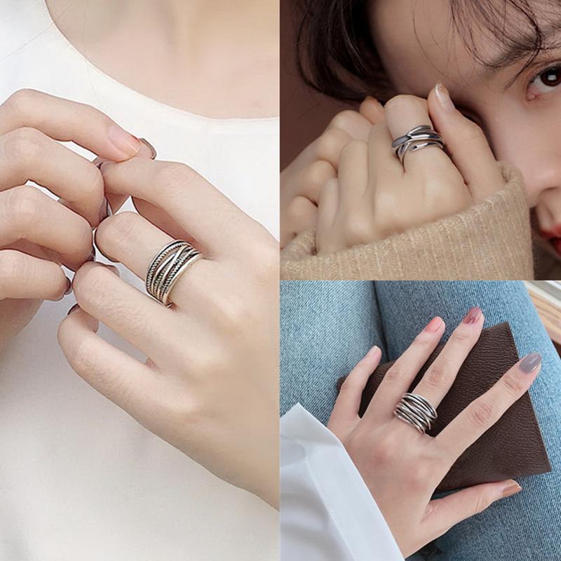 Silver Color Vintage Layered Women's Open Rings Adjustable Large Chains Irregular Finger Rings For Women Men Party Jewelry Gift