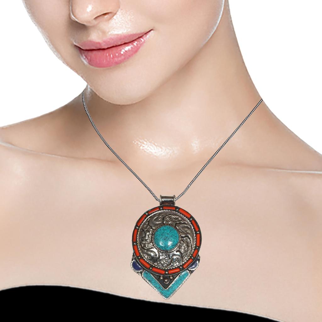 Handmade Tibetan Silver Gemstone Turquoise Red Coral Nepali Necklace Jewelry