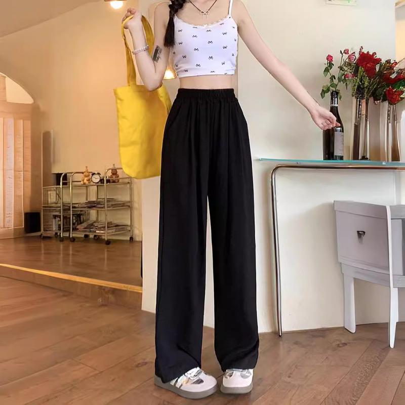 Women Ankle-Length Wide Leg Pants Casual Summer Solid Elastic Waist Loose Ice Silk Pants Spring Summer Female Trousers
