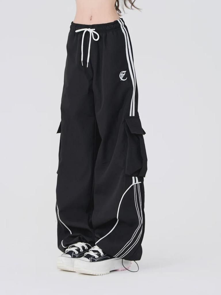 Pantalones deportivos negros de pierna ancha con cordón y bolsillos para mujer, ideales para bailar en la calle - Ropa informal de hip hop para primavera