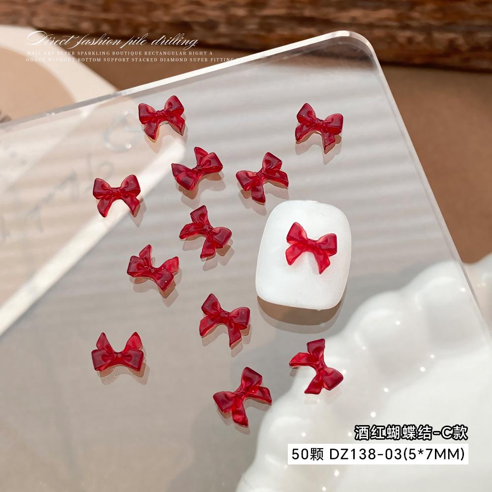 Wine Red Bow Nail Accessories Popular Online Items Solid Color Three-dimensional Hollow Tie Cartoon Resin
