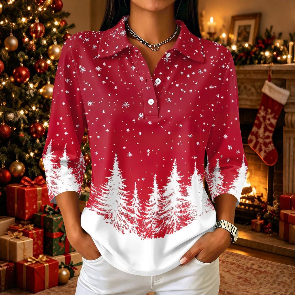 Women's Casual Christmas Print Button-Up Three-Quarter Sleeve Lapel Top