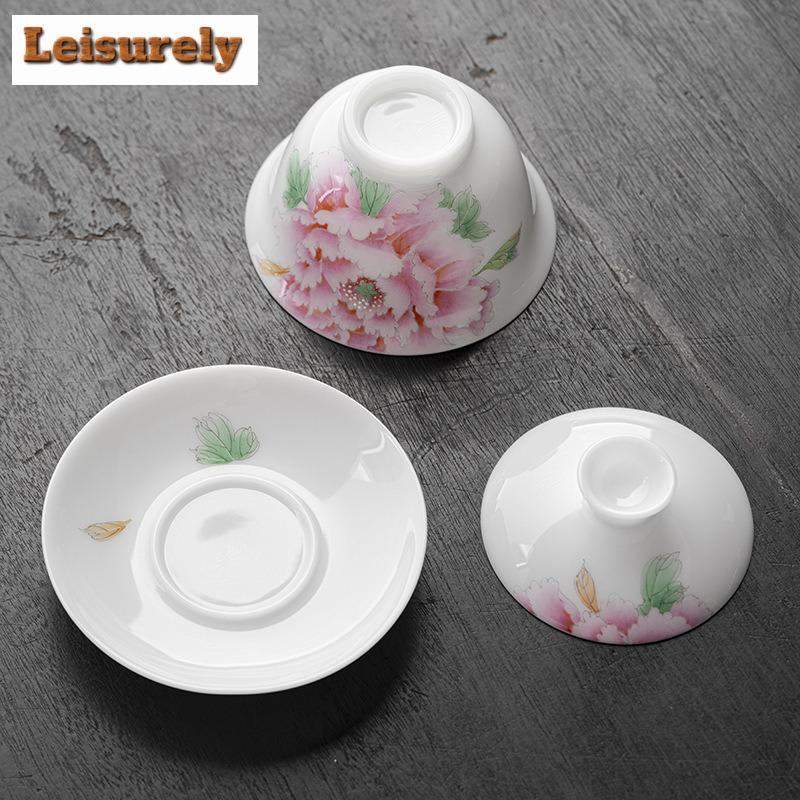 135ml Chinese Hand-painted Peony Gaiwan Elegant White Jade Mud Porcelain Tea Tureen Tea Brewing Cover Bowl Tea Services Gifts