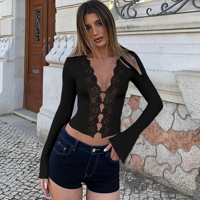 Europe and the United States hot-selling women s clothing summer new fashion sexy lace cardigan button top S чёрный
