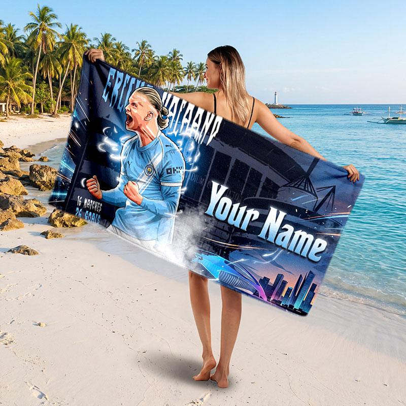 Erling Haaland Benutzerdefiniertes Strandtuch, Personalisierter Namens-Textdruck, Fußball-Logo Weiches Schnelltrocknendes Handtuch Urlaubsgeschenk