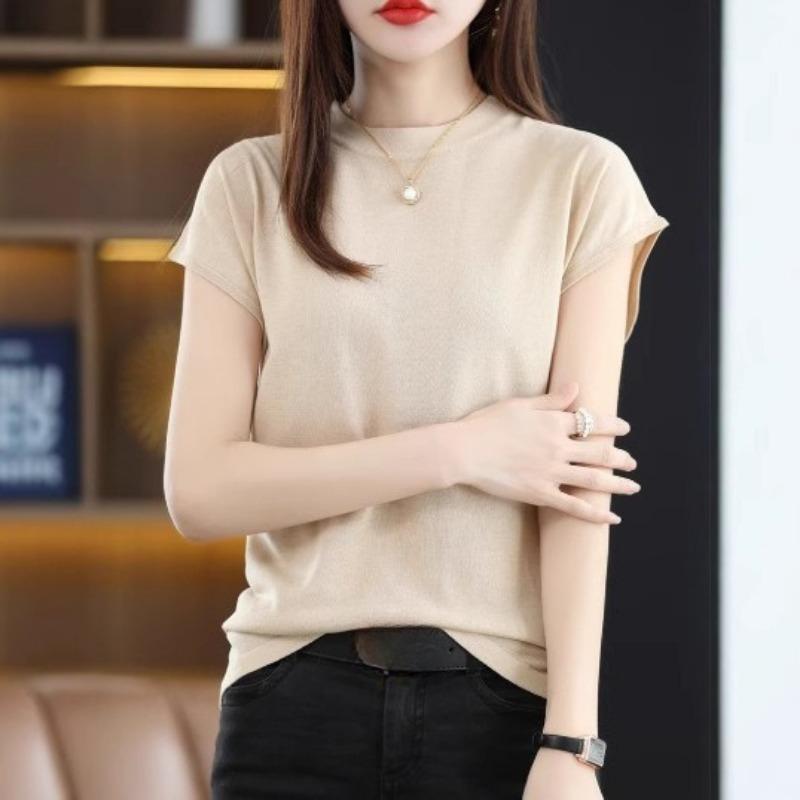 

Футболка с полувысоким воротом и короткими рукавами для женщин, летний короткий топ для вязаного жилета без рукавов XL абрикосовый