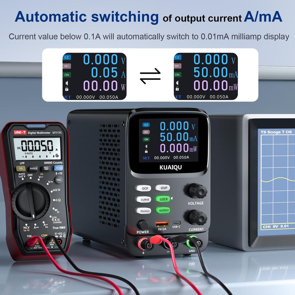 Regolatori di Tensione Variabili 0-30V 0-10A 300W, KUAIQU, Display TFT a 5 Cifre 0.01mA Visualizzazione Curva Tensione Corrente OCP OVP Per Rilevamento Consumo Energetico
