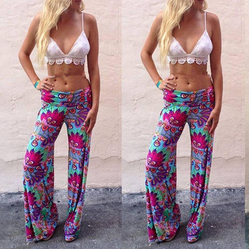 Women Bohemia Long Pants Floral Print Straight Casual Loose Trousers With Micro Fiber Material