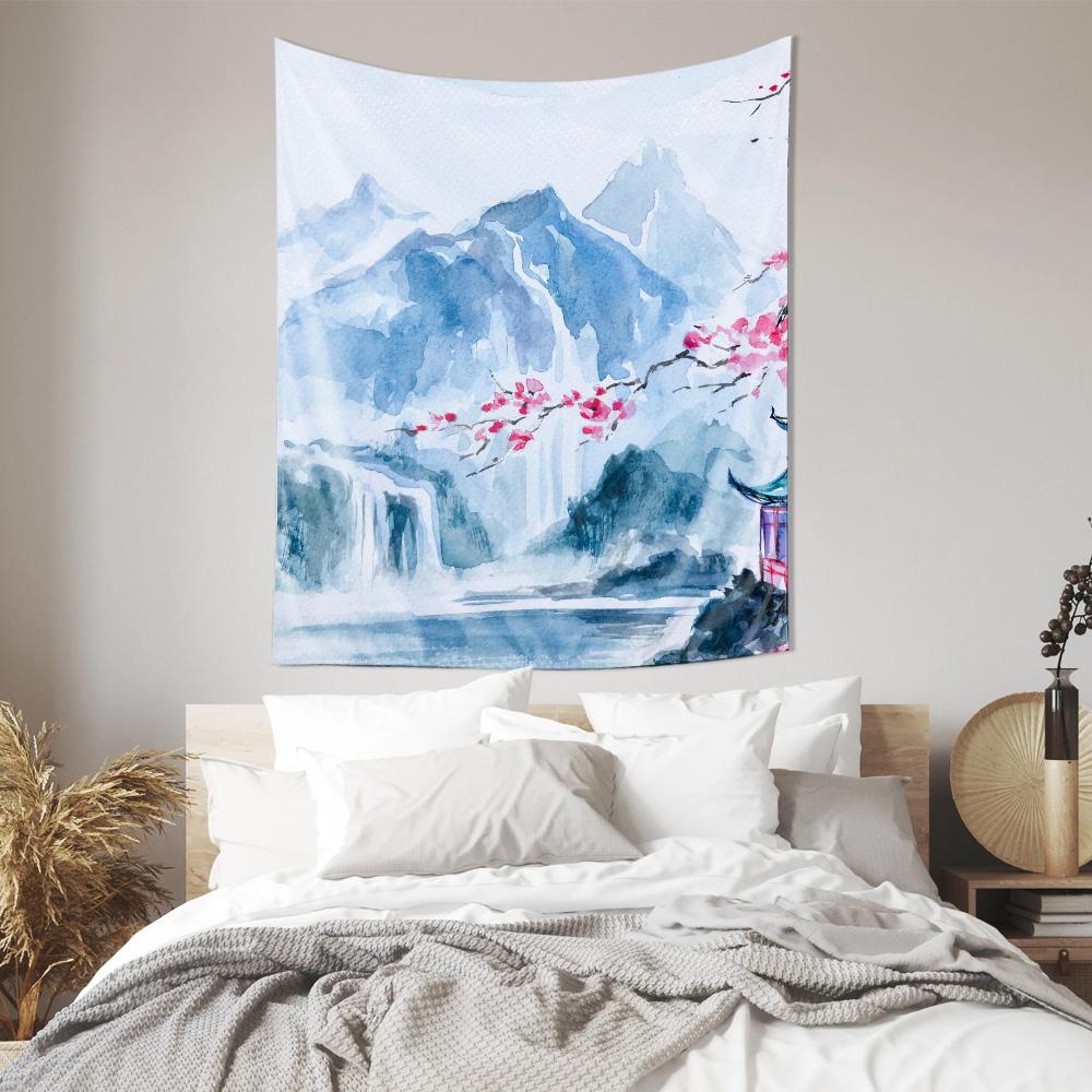 Chinese Landscape Cherry Blossom Tapestry Elegant Home Wall Decor
