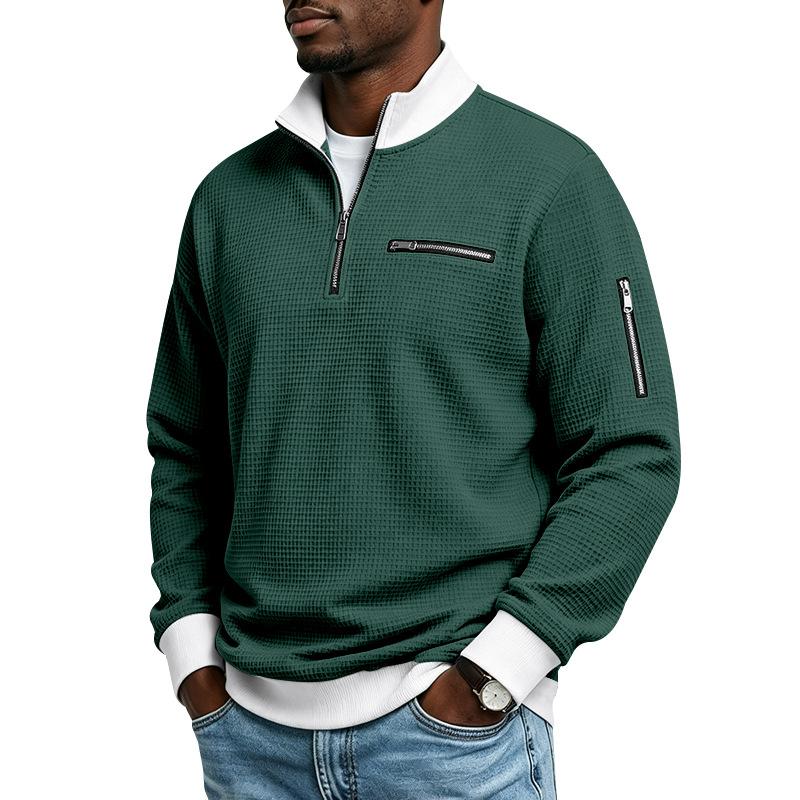 Men's Waffle Textured Half Zip Sweatshirt Stand Collar Long Sleeve Casual Pullover
